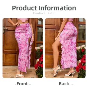 Front and back view of a summer floral high slit skirt with ruffled details and side split