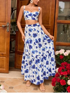Detail view of the floral crop top and tiered maxi skirt set for summer fashion