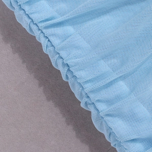 Detailed close-up of light blue mesh fabric with elegant pleated textures and ruffles