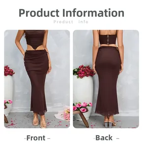 Front and back views of a dark brown crop top and slim fit fishtail maxi skirt set
