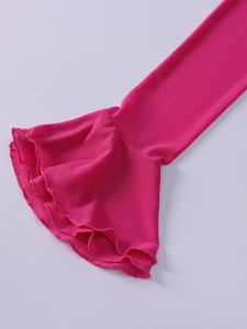 Detailed close-up of fuchsia mesh fabric showing tiered ruffle flare sleeve design