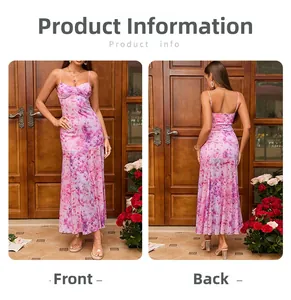 Front and back views of a pink floral mesh maxi dress with backless halter design