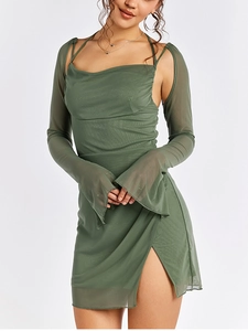 Detail of dark green mesh dress with halter neck and flared sheer long sleeves
