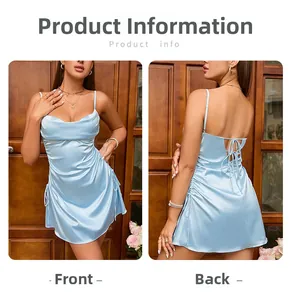 Detail of light blue satin mini dress showing cowl neck and side drawstring ruched design