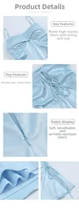 Detail view of light blue matte dress showing back lace-up straps and high-stretch fabric