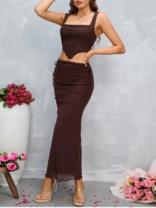 Brown two-piece fashion set with square neck crop top and ruched mermaid maxi skirt