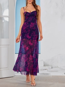 Detail of floral purple mesh dress showing slim fit silhouette and sheer hemline