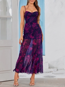 Detail of floral print mesh hem and sweetheart neckline on purple summer slip dress