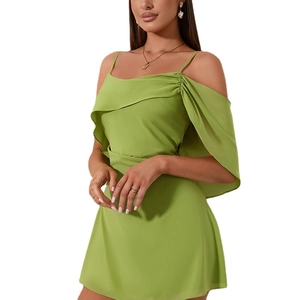 Elegant avocado green chiffon off-shoulder dress with ruffle details and spaghetti straps