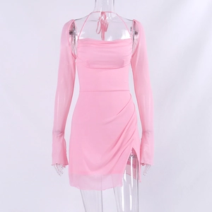 Pink mesh two-piece set featuring a halter neck dress with slit and sheer cardigan