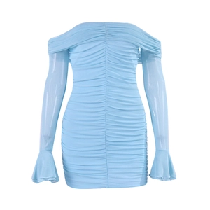 Sexy light blue off-shoulder mesh mini dress with ruched detail and flared long sleeves