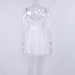 Back view of a sexy white mesh mini dress featuring a square neck and open back with zipper