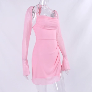 Pink mesh dress set featuring a slim-fit camisole dress and separate sheer long sleeves