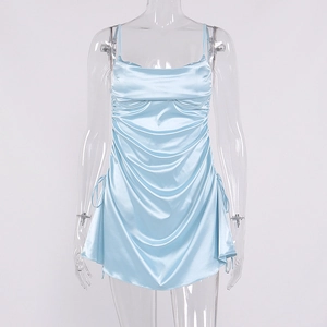 Detail of light blue satin mini dress showing side drawstring and ruched texture details