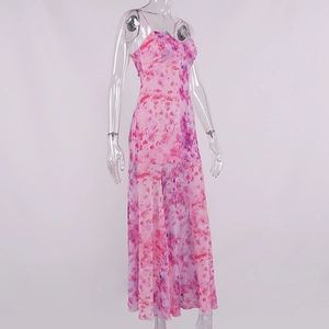 Close-up of pink floral mesh dress featuring a V-neckline and elegant thin straps