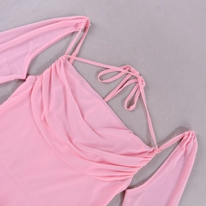 Pink mesh long sleeve top with halter neck tie and ruched cowl neckline flat lay