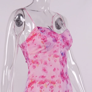 Detailed view of pink floral mesh dress with thin straps and sweetheart neckline