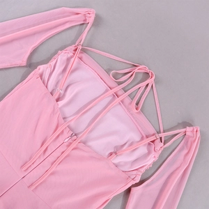 Detail of pink mesh dress featuring criss-cross back ties and invisible zipper closure