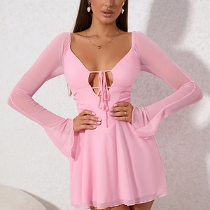 Pink V-neck mini dress with sheer mesh bell sleeves and lace-up front detail