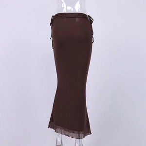 Detailed back view of a dark brown sheer mesh skirt with adjustable side drawstrings