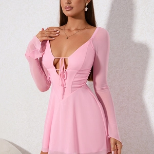 Elegant light pink V-neck dress with sheer mesh long sleeves and lace-up front detail
