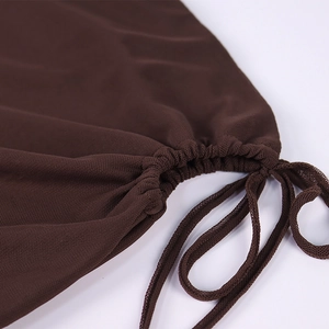 Detail shot of breathable dark brown mesh fabric with adjustable drawstring ruched design