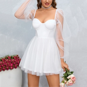 White mesh corset mini dress with sheer puff sleeves and layered tulle skirt for women