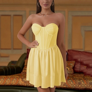 Women Sexy Yellow Corset Mini Dress Off Shoulder Ruched Pleated Mesh Boned Bustier Dress High Waist Backless Party Club