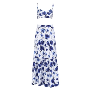 Women's 2-piece crop top and tiered maxi skirt set with blue rose floral print