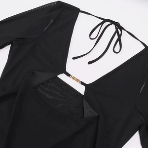 Detail of sheer mesh sleeves and deep V-neck with gold metal hardware on black dress