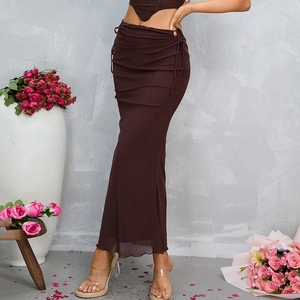 Women Sexy Ruched Mesh Top And Skirt Solid Color Drawstring Fishtail Maxi Skirt Clubwear Party Vacation Bodycon Clothing