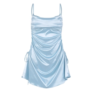 Light blue satin mini dress with spaghetti straps and side drawstring ruched details