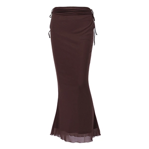 Elegant high-waisted coffee brown mermaid maxi skirt with pleated side-tie detail