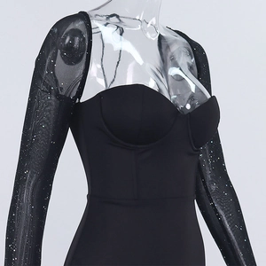 Détail de manches en mesh transparent à paillettes argentées et bonnets de la robe