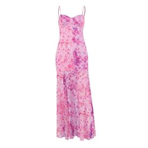 Pink floral mesh backless maxi dress with delicate spaghetti straps and heart neckline