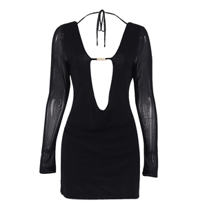 Sexy black bodycon dress with mesh long sleeves and V-neck gold metal buckle detail