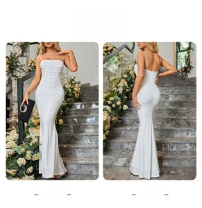 Front and back view of elegant white fishtail dress with pleats and thin straps