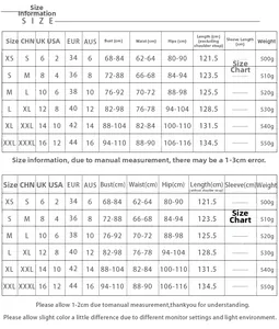 Detailed size chart for backless mermaid dress showing measurements from XS to XXL