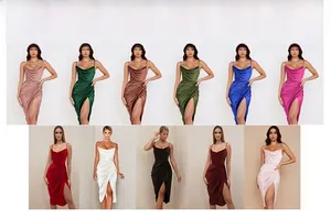 Détail de robes en satin à col bénitier et fente latérale en plusieurs couleurs