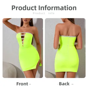 Detail view of neon yellow mesh mini dress showing side slit and front cutout accents