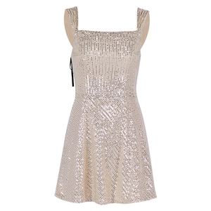 Sparkly champagne sequin mini dress with elegant square neck and wide straps