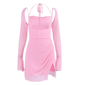 Pink slim fit halter mini dress with matching long sleeves and sexy side slit design