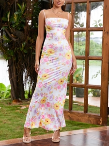 Detail of white floral satin maxi dress with thin straps and elegant cowl neckline