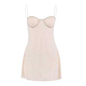 Sexy apricot mesh mini dress with rhinestone neckline and sparkling thin straps