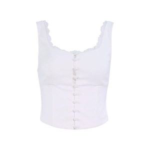 Canotta bustier bianca con scollo squadrato vintage, pizzo e decorazione con bottoni