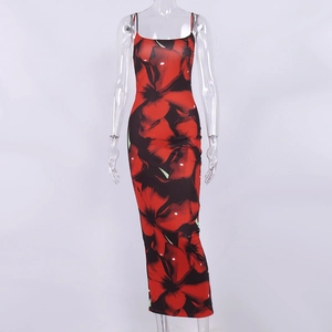 Close-up of sleek spaghetti straps and vibrant red floral print on long bodycon dress