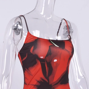 Detail of red floral print dress featuring slim straps and a fitted square neckline