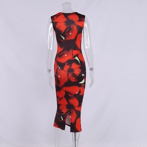 Detailed back view of a slim-fit backless dress featuring vibrant red floral prints