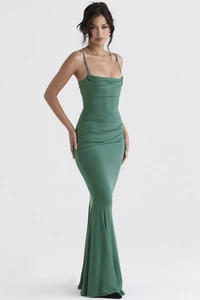 Detail of dark green fishtail maxi dress showing pleated neckline and satin texture