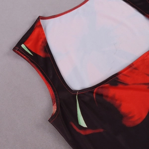 Close-up of square neck floral dress featuring red rose prints and double-stitch seam
